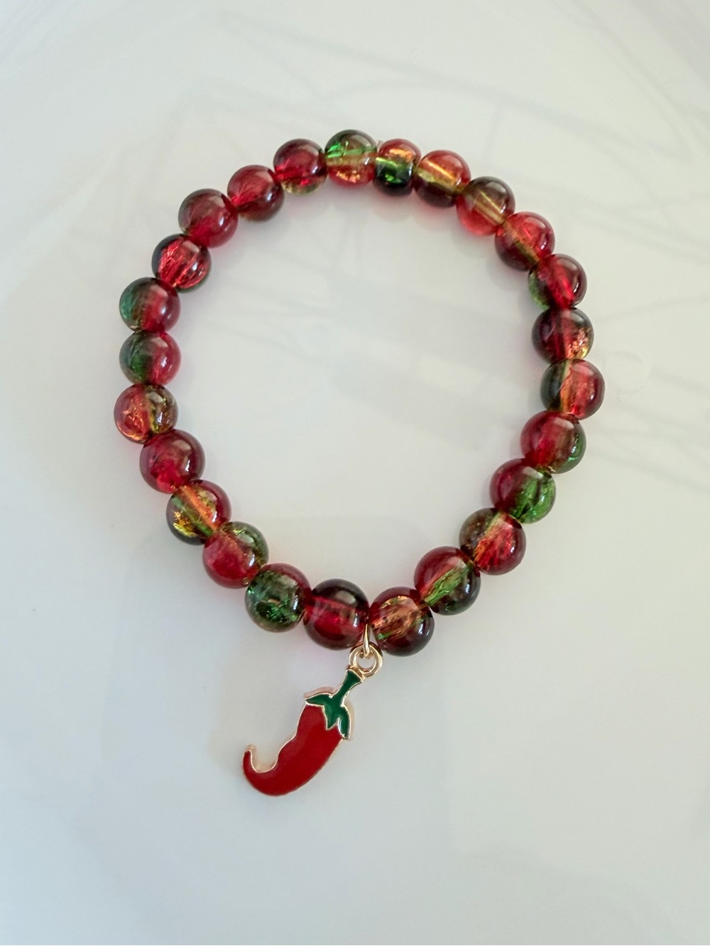Red & Green Glass Bead Bracelet with Chili Pepper Charm